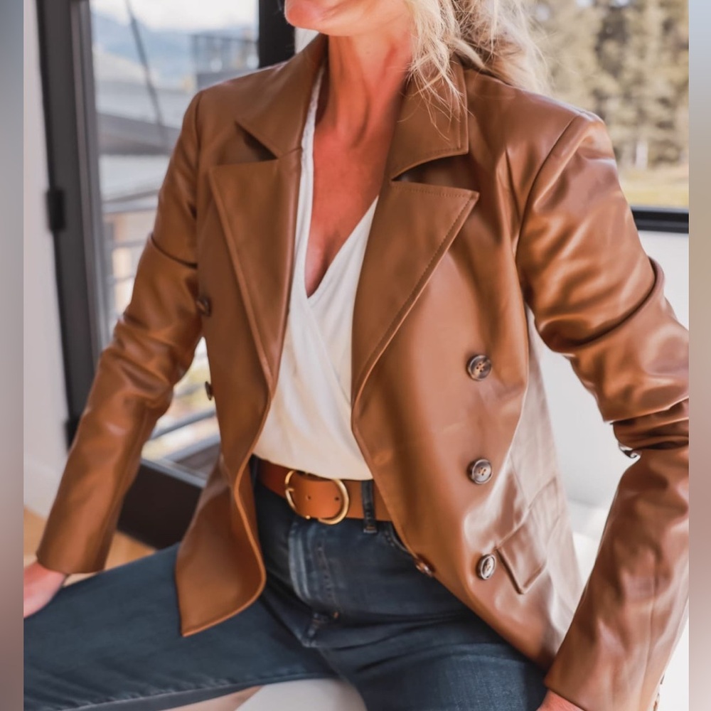 Evereve Elizabeth St Faux Tan Leather Blazer Double Breasted Medium